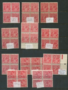 KGV Heads - Single Watermark: 1d Red Smooth Paper mint block of 4 (14, two Perf 'OS', one is marginal MUH) and blocks of 6 (3, one a corner marginal block), two of the blocks of 4 with INVERTED WATERMARK, possible variety interested, noted "White scratch 