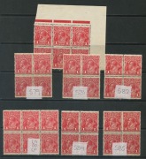 KGV Heads - Single Watermark: 1d Red Smooth Paper mint block of 4 (14, two Perf 'OS', one is marginal MUH) and blocks of 6 (3, one a corner marginal block), two of the blocks of 4 with INVERTED WATERMARK, possible variety interested, noted "White scratch - 2