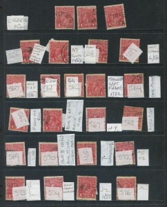 KGV Heads - Collections & Accumulations: PENNY REDS: Variety selection on Hagner with Single Wmk "Tin shed" flaws (2); LMult Harrison "Flaw under neck", "'NY' joined", "Thinned left frame" (stamp is thinned) & "Run 'N'", plus range of lesser flaws; condition variable; itemised LMult varieties alone, Cat $600.