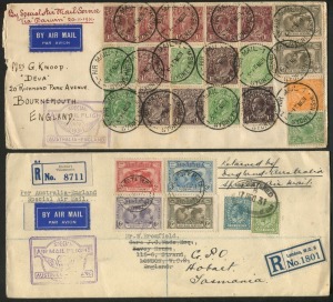 AUSTRALIA: Aerophilately & Flight Covers: 19 Nov.1931 (AAMC.222)  Australia-England ANA first All-Australian flight (2), one Hobart registered with REGISTERED HOBART '19NO31' datestamps cancelling Kingford Smith set plus 6d Airmail, re-registered in Londo