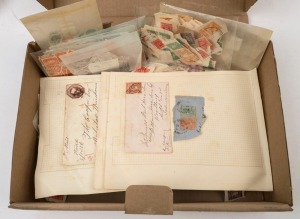 AUSTRALIA: General & Miscellaneous: Assortment with few Colonial cover fronts including 1856 inwards to "Waterloo Warehouse, Sydney" with cut-to-shape British 6d Embossed & "4d" handstamp; pre-decimal and decimal duplicates in packets including 'T' perfins on KGVI issues & 'VG' perfins on decimal issues, etc. (qty)