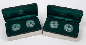 Coins - Australia: Silver: 2000 One Dollar Silver Kookaburras in presentation boxes (2), each with two coins containing 1 troy oz of 999/1000 silver, Unc. (4 coins)