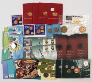 Coins - Australia: 1960s-1997 assortment with pre-decimal ½d to 2/- coin sets (2, mixed dates); decimal 1966 Farewell to Australia 1c & 2c packs (3), RAM 1983 1c to 50c Coin Sets (4), 1988 $5 Parliament House $5 (2), 1997 $1 Kingsford Smith (2), 2000 $5 Phar Lap (3), and $1 First Victoria Cross (3); also 1994 Year of the Child PNCs (4), 1997 Bradman PNC and a few stamp packs; all items in original presentation packaging. (30 items)