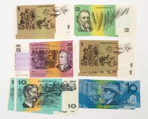 Banknotes - Australia: Decimal Banknotes: 1980-90s uncirculated sequential group with 1982 $1 Johnston/Stone (3) DPL 720154-56; 1985 $2 Johnston/Fraser (5) LLT 370935-39; 1991 $5 Fraser/Cole (6) QJN 760815-20; also EF/aUnc unsequential notes with $1 Johnston/Stone (3), $10 Fraser/Cole (3), plus 1993 $10 Fraser/Evans polymer (3). (23)