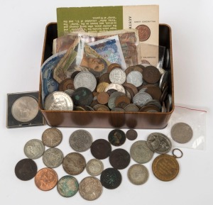 Coins - World: 1800s-1960s circulated array with fair proportion of older coinage, mostly from France & Great Britain including 1806 George III pennies (2), a little silver with Australia 1952, 1953 (2) & 1954 Florins & 50c Rounds (2); also 1914-19 Victory Medal (without ribbon), Switzerland 1929 National Day pin badge, plus Malaysia two boxed sets of 1998 XVI Commonwealth Games medallions. Worthy of closer inspection. (qty)
