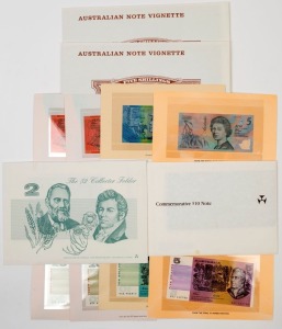Banknotes - Australia: Decimal Banknotes: 1992-1994 First & Last Paper/Polymer banknote folders, the polymer notes overprinted with issue dates, comprising $5, $10 & $20 (2); also 1988 Bicentennial Collector Issue $10 and 1998 Johnston/Fraser $2 Final Printing, both in commemorative folders, plus limited edition unissued 5/- banknote vignettes consecutively '2122' & '2123' of 20000 issued. (7 items)