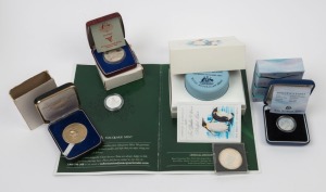 Coins - Australia: Silver: Selection with 1982 Brisbane Commonwealth Games $10 proof, 1993 $1 proof, 1992 Penguins $10 piedfort proof; plus 1970 State Savings Bank Captain Cook Bicentenary medallion; also uncirculated Yemen 1965 1r Churchill & Kiribati 2014 $10 Leaving for War $10. (6 items)
