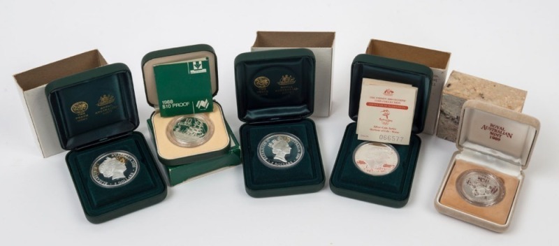 Coins - Australia: Silver: COMMEMORATIVE SILVER PROOFS: selection comprising RAM 2000 Sydney Olympics $5 (3), each 31.63gr of 999/1000 silver; also RAM 1988 Bicentennial $10 & 1989 $10 (Queensland), each 20gr of 925/100 fine silver; total weight 134.80gr.