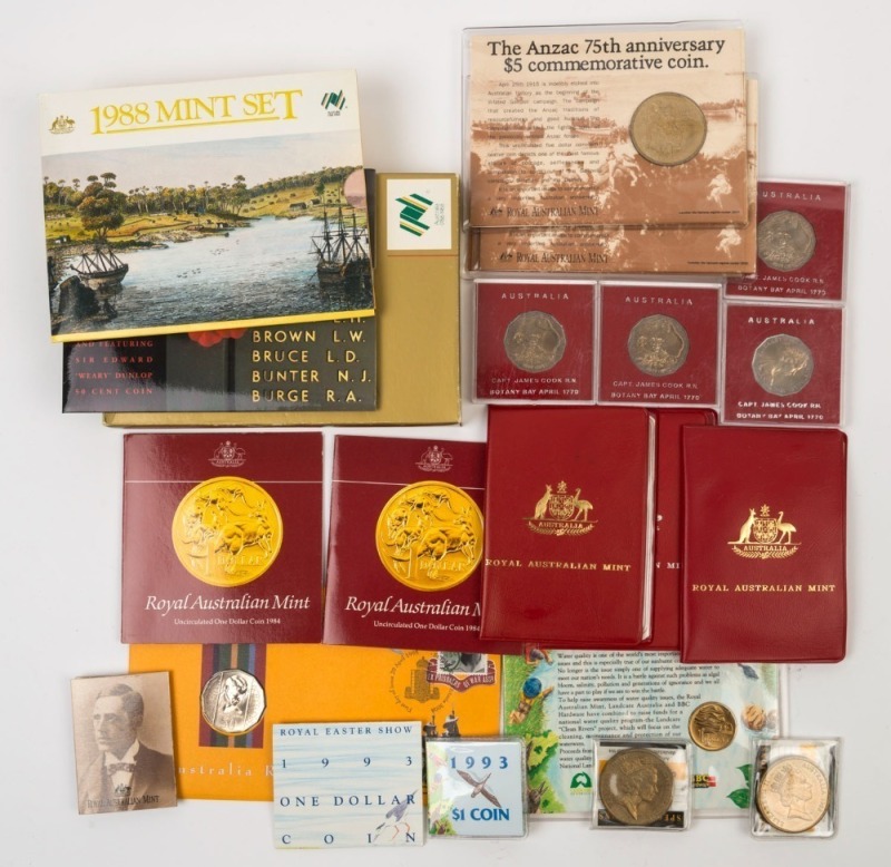 Coins - Australia: Decimals: UNCIRCULATED SELECTION: in original packaging including 1970 Cook 50c (4), 1976 RAM red folder coin sets (3) 1988 Bicentennial 1c to $1 Proof coin set, 1988 coin set, 1988 Parliament House $5 (2), 1990  Anzac $5 (2), 1995 unci