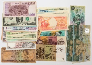 BANKNOTES - World: 1950s-80s array with uncirculated INDONESIA 1995 100Rp (5) including JOU146402-05 sequential, 1996 500Rp (3), 1995 1000Rp (4) comprising sequential XPC251181-82 & XPK212170-71; also uncirculated POLAND 1988 50zl (2); circulated notes including AUSTRALIA $10 (3); others from Hong Kong, Malaysia, Thailand & Scotland. (42)