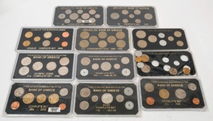 Coins - World: Greece: COIN SETS: selection comprising Coins used between 1912-30 set of 10, similar sets for 1926-30 (7 coins), 1964-66 (7 coins), 1968-70 (7 coins) & 1994-99 commemorative emissions (8 coins); plus year sets for 1973 (8 coins), 1978 (8 coins), 1988 (6 coins), 2000 (7 coins), 2000 Olympic issues (6 coins) and 2002 European Union (8 coins); condition generally VF (earlier issues) aUnc/Unc. (11 sets)