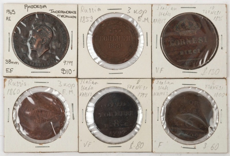 Coins - World: 1797-1965 Selection with KINGDOM OF NAPLES 1797 8 Tornesi, 1800 6 Tornesi (large crack) & 1835 10 Tornesi, RUSSIA 1859 & 1860 3 Kopecks, condition fair to VG; also RHODESIA 1965 Independence medallion EF.  (6 items)