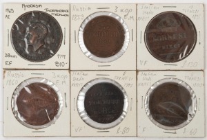 Coins - World: 1797-1965 Selection with KINGDOM OF NAPLES 1797 8 Tornesi, 1800 6 Tornesi (large crack) & 1835 10 Tornesi, RUSSIA 1859 & 1860 3 Kopecks, condition fair to VG; also RHODESIA 1965 Independence medallion EF. (6 items)