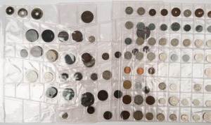 World array of circulated coinage with a few ancients including Roman bronze drachme with Seated Zeus (Eagle at Foot) depicted on reverse, China cash coins (3), Honduras 1869 ½r, Spain 1870 silver 2p, and a quantity of mostly 1920s-60s Danish minors; also segment from a brass panel link bracelet showing an Ancient Egyptian scene. (100 approx)