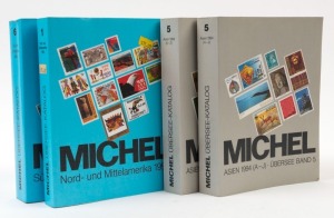 LITERATURE: Assortment of pre-loved Geman-language Michel catalogues comprising 'Nord und Mittelamerica' (1995) No 1, 'Asien' (1994) No 5 (in two volumes), 'Sud und Zentralafirca' (1998) No 6; some cover blemishes, good condition overall. (4)