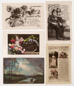 POSTCARDS - THEMATICS - GREETINGS TYPES: mostly early 1900s British cards (many printed in Europe), in thick album including Birthday, Christmas, New Year, Best/Good Wishes & Religious types, plus others featuring children, flowers or animals; variable condition. (250)