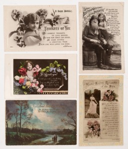 POSTCARDS - THEMATICS - GREETINGS TYPES: mostly early 1900s British cards (many printed in Europe), in thick album including Birthday, Christmas, New Year, Best/Good Wishes & Religious types, plus others featuring children, flowers or animals; variable co
