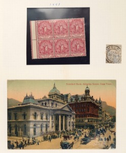 SOUTH AFRICA: 1880s-1950s collection with a few Provinces incl. COGH 1893 1d rose-red marginal block of 6 **/*, Natal 1874-99 5/- rose used; South Africa with 1910 KGV 2½d union (11), 1913-24 duplicated KGV Heads to 10/- incl. 1½d tete-beche pairs used (3), 2d interpanneau block of 6 used, 1½d & 2d Coil Pairs mint, Pictorials to 10/- incl. 1927-30 2d perf.14 Bradbury Wilkinson imprint pair used, 1929 Airs with 1/- pair used, 1955 Pretoria Centenary 6d "Scar on chin" flaw in MUH block of 6,