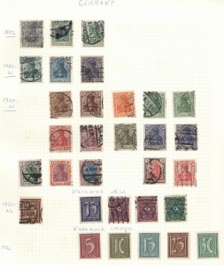 GERMANY & STATES: Medley of material with BAVARIA including 1911 Prince Luitpold 25th Anniv. 5pf block of 6 CTO (full gum), useful Ludwig 1914-20 issues used unoverprinted 15pf carmine (SG.180A, Cat.£60); GERMANY basic array of 1902-60s definitives including Germania and Hindenburg issues used; also postal stationery with Wurttemberg 1897 use of oversized 5pf+5pf District Court Stationery Envelope uprated with 5pf official, used from Nurtingen to Kirchheim,