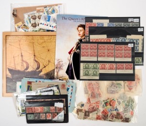 AUSTRALIA: General & Miscellaneous: Assortment with used 2/- CofA Roos (15), Arms to £1, duplicated Gloucester and Mitchell sets in blocks of 4 (MUH), Aerogrammes with 10d Perth Games to South Africa with QEII 3d added, fine used decimal high values to $1