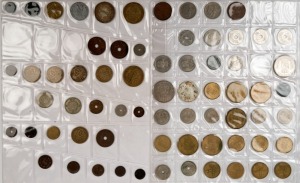 Coins - World: Denmark: Mostly Danish 1920s-60s circulated array on two coin album pages, many aluminium-bronze with 1926 2kr, 1939 2kr and 1924 1kr, 1926 1kr (3) & 1929; few silver items incl. 1945 Christian X 75th Birthday 2kr &1958 2kr Birthday; also Sweden 1943 & 1947 silver 1kr, 1962 & 1964 silver 5kr; variable condition. (68)