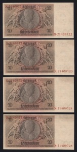 BANKNOTES - World: Germany: 1929 Reichsbank 20RM consecutive run of 16 notes between 'X.21409710 and X.21409725, a few light folds, overall EF/aUnc.