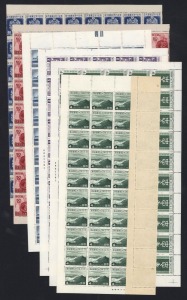 JAPAN: 1940s issues in complete panes or large-part sheets comprising 1940 4s Mt Takachiho & 20s Shrine panes of 50, 1940 Promulgation 2s & 4s panes of 50 all with selvedge intact, also 1947 Inauguration 50s & 1y large-part sheets of 64; generally fine fresh, MUH. (6 items, 328 stamps)