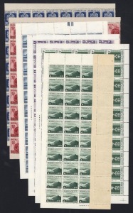JAPAN: 1940s issues in complete panes or large-part sheets comprising 1940 4s Mt Takachiho & 20s Shrine panes of 50, 1940 Promulgation 2s & 4s panes of 50 all with selvedge intact, also 1947 Inauguration 50s & 1y large-part sheets of 64; generally fine fr