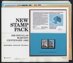 AUSTRALIAN ANTARCTIC TERRITORY - AUSTRALIA POST - DESIGNER SIGNED POINT-OF-SALE POSTERS - RAY HONISETT: 1979-82 New Issue posters (25.5x31cm) most with the relevant Stamp Pack or FDC attached, signed by Honisett on the poster or on the attached product, some items additionally signed by scientist and Antarctic explorer Phillip Law, comprising 1979 Flight Anniversary, 1980 Ships Series II, 1981 Ships Series III (poster only),