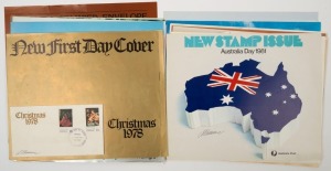 AUSTRALIA: Decimal Issues: AUSTRALIA POST: POINT-OF-SALE POSTERS:1979-82 New Issue posters (25.5x31cm) about 50% with the relevant set of stamps or FDC attached, all are signed by graphic artist Sue Passmore on the poster or on the attached product, although she does not appear to be the principal designer of any of the issues represented; some duplication, few blemishes, mostly fine. (32)