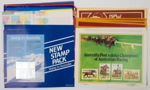 AUSTRALIA: Decimal Issues: AUSTRALIA POST: DESIGNER SIGNED POINT-OF-SALE POSTERS - BRIAN CLINTON: 1979-84 New Issue posters (25.5x31cm), approximately 60% with the relevant set of stamps or FDC attached, signed by Clinton on the poster or on the attached product, including 1979 Fishing, 1981 Royal Wedding, 1982 Commonwealth Games (4, for aerogramme, FDC, M/S & M/S FDC), 1983 "Sentimental Bloke", 1983 Scouting PNC, 1984 Skiing,