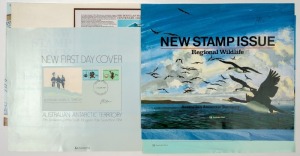 AUSTRALIAN ANTARCTIC TERRITORY - AUSTRALIA POST - SIGNED POINT-OF-SALE POSTERS - PHILLIP LAW: 1983-84 New Issue posters (25.5x31cm) three with Stamp Packs or FDC attached, all signed by scientist and Antarctic explorer Phillip Law on the poster or on the attached product, few blemishes, generally fine (7)