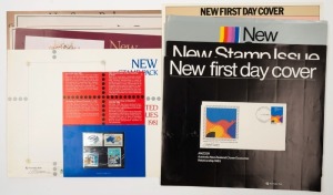 AUSTRALIA: Decimal Issues: AUSTRALIA POST: DESIGNER SIGNED POINT-OF-SALE POSTERS: New Issue posters (25.5x31cm) some with the relevant stamp pack or FDC attached, signed by the stamp issue designer either on the poster or on the attached product, comprising BRUCE WEATHERHEAD (6) including for 1980 National Stamp Week & 1981 Gold Rush Era (2); also GARRY EMERY for 1983 ANZCER (3) and 1983 Commonwealth Day (3); few blemishes, generally fine. (12)
