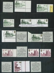 GREAT BRITAIN: SPECIALIST COLLECTION of decimal high denomination Machins and Castles £1 & £1.50 values displaying various colour differentiations, or gum/paper types and associated changes in levels of fluorescence; face value of stamps £87.50, fresh MUH. (40)
