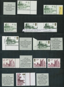 GREAT BRITAIN: SPECIALIST COLLECTION of decimal high denomination Machins and Castles £1 & £1.50 values displaying various colour differentiations, or gum/paper types and associated changes in levels of fluorescence; face value of stamps £87.50, fresh MUH
