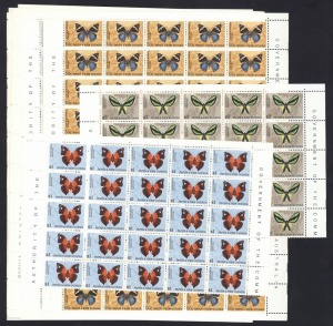 PAPUA NEW GUINEA: 1966-67 (SG.82-92) Butterflies 1c to 50c in complete sheets of 50 plus $1 and $2 half sheets of 25 (both Plate I), a little selvedge damage on 1c sheet, otherwise fresh MUH, Cat £700+ (12 items)