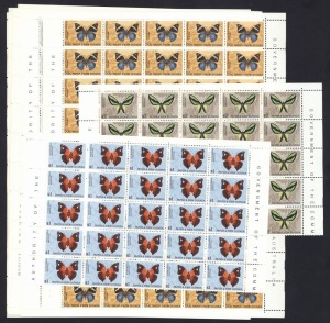 PAPUA NEW GUINEA: 1966-67 (SG.82-92) Butterflies 1c to 50c in complete sheets of 50 plus $1 and $2 half sheets of 25 (both Plate I), a little selvedge damage on 1c sheet, otherwise fresh MUH, Cat £700+ (12 items)