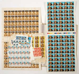 AUSTRALIA: Decimal Issues: 1970s-80s issues in complete sheets of 100 comprising 1974 30c UPU (toning), 1975 25c Anteater, 1981 18c Xmas, 1981 24c Yachting, 1982 24c Whale; also 1982 24c Australia Day large-part sheet of 90, plus range of smaller blocks and multiples incl. $1 Paintings sheet number block of 10; total face value $240+.