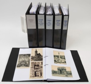 POSTCARDS - FRANCE: 1900s-1970s era collection in five volumes, with an approximate 50/50 split of earlier and later (post 1960) cards. Buildings, architecture, landmarks and street scenes are very well represented, mostly from Paris, Dieppe, Marseilles, Nice or Rouen, etc, plus a range of cards from regional towns; also coastal/port scenes, rural/mountainous views plus some souvenir real-photo cards; condition variable. (700+)