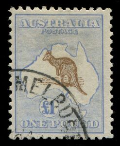 Kangaroos - Third Watermark: £1 Light Brown & Blue, MELBOURNE CTO cancel, without gum; BW:52Dw - Cat. $4000