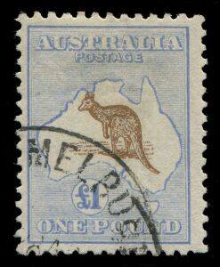 Kangaroos - Third Watermark: £1 Light  Brown & Blue, MELBOURNE CTO cancel, without gum; BW:52Dw - Cat. $4000