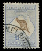 Kangaroos - Third Watermark: &pound;1 Light&nbsp; Brown & Blue, MELBOURNE CTO cancel, without gum; BW:52Dw - Cat. $4000