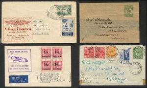 AUSTRALIA: Postal History: 1928-50 cover group with 1928 Tartana Point (NSW) to Melbourne travelling surface mail to Mildura via Wentworth then by air from Mildura-Melbourne, TARTURA POINT datestamps tying stamps, angel vignette airmail label, MELBOURNE backstamp; 1937 Airmail Exhibition commemorative cover with exhibition label in blue; also 1913-15 ½d Roo Postal Stationery Wrapper (BW: W1) used and New Zealand 1950 Solent Flying Boat first flight cover. (4 items)