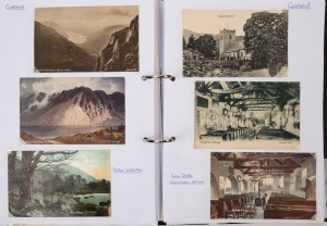 POSTCARDS - GREAT BRITAIN - CUMBRIA: 1900s-1980s collection in single volume with an approximate 60/40 split between earlier and later (post 1960) cards, noting 1924 real-photo of Meathop Sanitarium, many other showing mountains and lakes scenery including Lake Windermere, some real-photo types noted; condition variable. (200+)