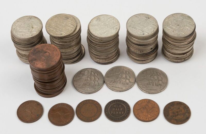 Coins - Australia: Silver: 1966 50c Rounds (100); also some circulated Pennies (26) & Half Pennies (6) and New Zealand 1967 50c (3); condition variable. (135)