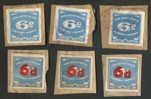 NEW SOUTH WALES: REVENUES - GOVERNMENT TRAMWAYS: 1937-49 6d blue (3, shades), plus 6d (in red) on 4d blue (3); Elsmore Online Cat.$360. (6)