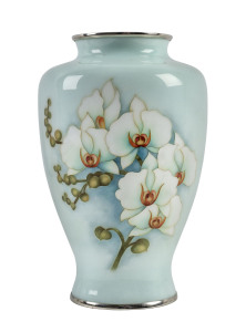 A Japanese cloisonné vase, silver wirework with orchid decoration on blue ground, 20th century, 25cm high
