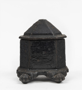 An antique tobacco jar, painted cast iron, 19th century, 11cm high, 9cm wide, 9.5cm deep