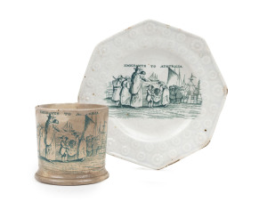 "EMIGRANTS TO AUSTRALIA" Staffordshire transfer porcelain cup and saucer, circa 1840, the saucer 14cm wide