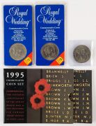 Coins - Australia: Selection with AUSTRALIA 1995 uncirculated coin set (packaging a tad warped), GREAT BRITAIN 1981 Royal Wedding Crowns (2, Unc) in original packaging, and a 1977 Jubilee Crown VF. (4 items)